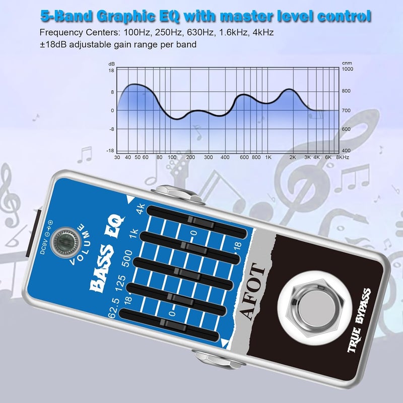 AFOT Bass EQ Pedal, 5-Band EQ Pedal Electric Bass Equalizer (62.5Hz 125Hz 500Hz 1kHz 4kHz) Provides ±18dB for Each Band EQ Seeker for Bass True Bypass - Image 3